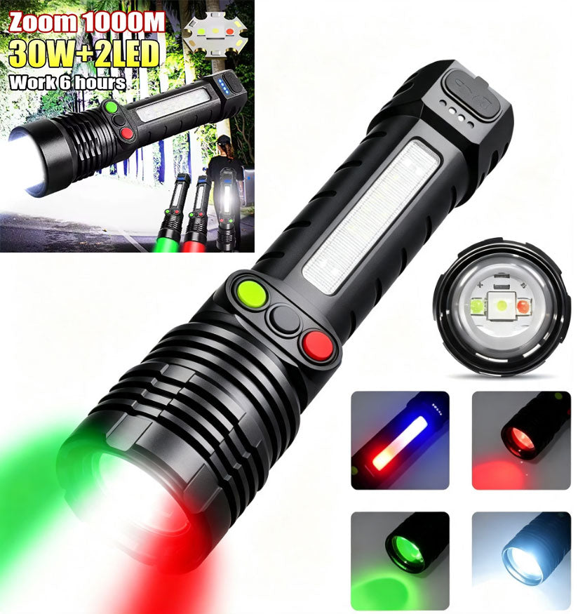 High Power Zoomable Flashlight White/Red/Green Light 3 Colors Multifunctional Rechargeable COB Floodlight Flashlight Outdoor Camping Hunting Torch