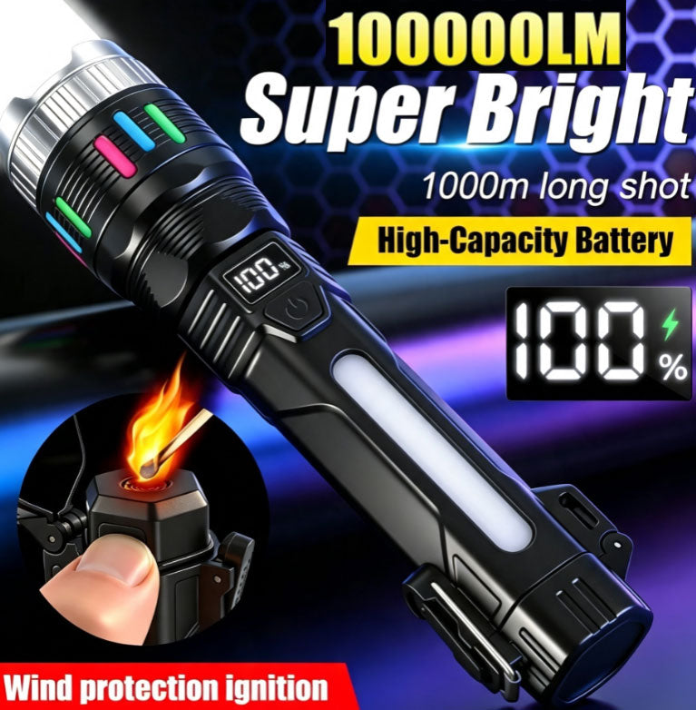 100,000 LM Ultra-Bright White Laser Flashlight with Lighter Function — 1,000-Meter Long-Range Beam · Retractable Focus · Smart Digital Display · Type-C Charging · Tail Cap Lighter · 5 Lighting Modes