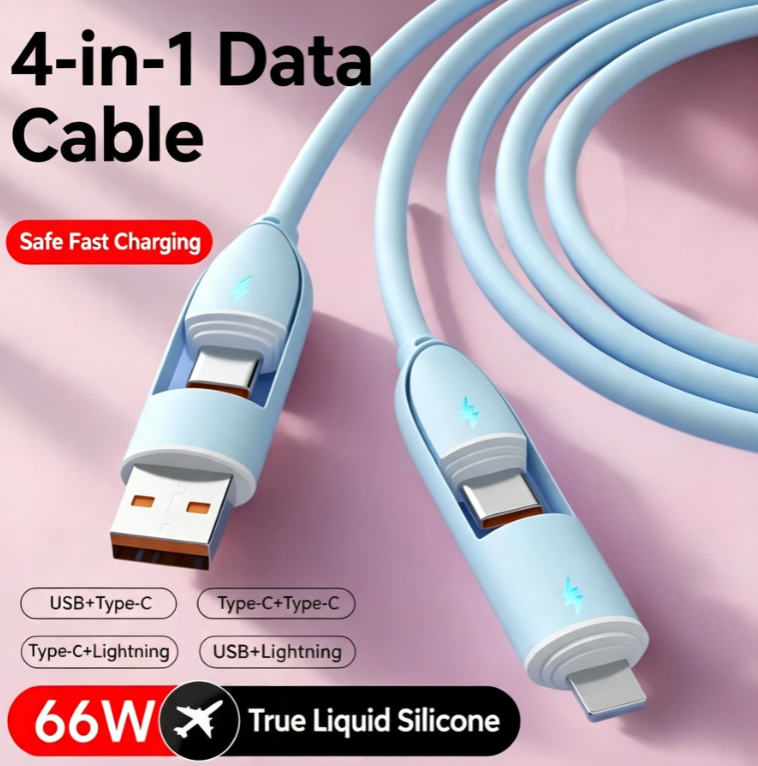 4-in-1 66W 6A Auto-Shut-Off Fast Charging Cable Combining Type-C, Lightning, and USB Ports; Compatible with All Apple and Android Models; Smart Chip Protects the Battery