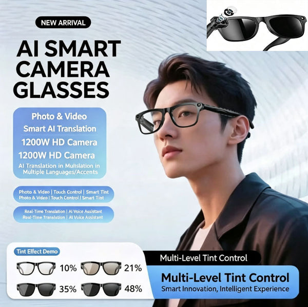 12MP AI Photochromic Smart Glasses  – 1080P Video,Voice Control, Real-Time Translation & Photochromic Lenses for Hands-Free Photography, Video Recording & AI Assistant