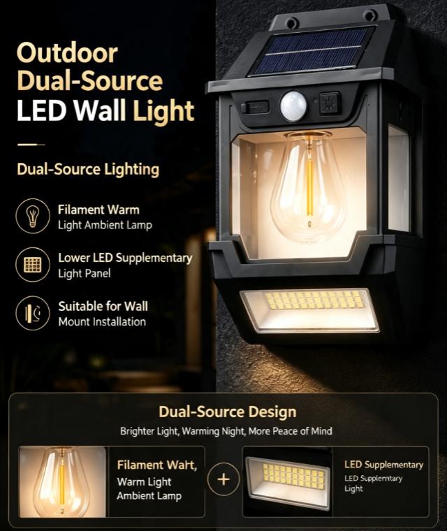 50W Dual-Light Source LED Solar Wall Light: Retro Tungsten Warm Light · Maximum Ambience | Bottom-Mounted LED Wide-Angle Fill Light · Bright and Safe | 4 Smart Sensing Modes · Switch as Needed