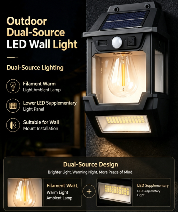 50W Dual-Light Source LED Solar Wall Light: Retro Tungsten Warm Light · Maximum Ambience | Bottom-Mounted LED Wide-Angle Fill Light · Bright and Safe | 4 Smart Sensing Modes · Switch as Needed