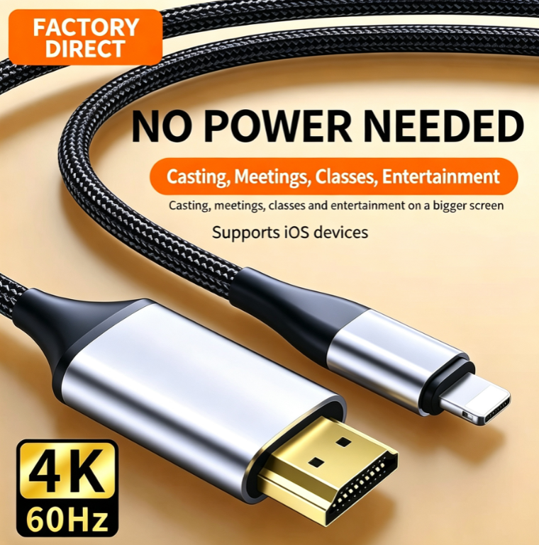 iPhone/iPad 2-Meter HDMI Cable 4K@60Hz Plug-and-Play: Connect Your Phone or Tablet to a TV, Monitor, or Projector