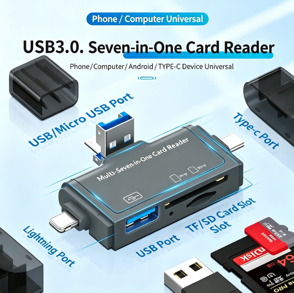 7-in-1 OTG 3.0 Multi-Function Card Reader Supports Type-C/USB/Micro USB/Apple Devices, Reads SD/TF Cards & USB Drives OTG 3.0 High-speed Transfer for Phones, Tablets, and Laptops