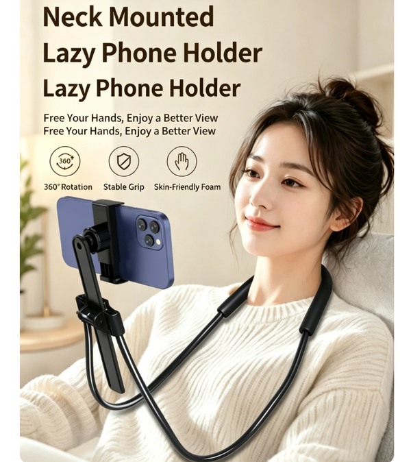 Adjustable Neck-Worn Smartphone Mount, Hands-Free First-Person View Mount—360° Rotating Vlog Mount, ideal for use in bed, while traveling, and for video recording; compatible with 4-11-inch smartphones and tablets