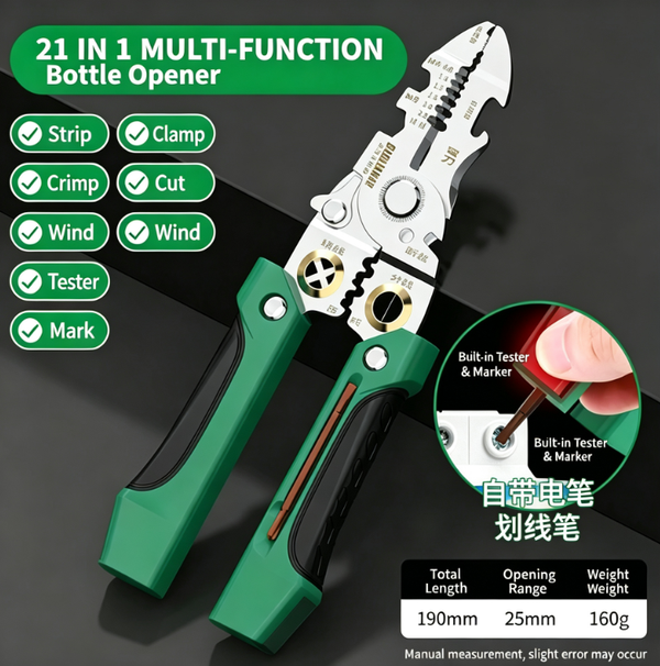 21-in-1 Multifunctional Wire Stripper Pliers - Industrial-Grade Electrician Tool with Built-in Voltage Tester & Marker, Professional Cable Stripper Cutter Crimper for Copper/Aluminum Wire