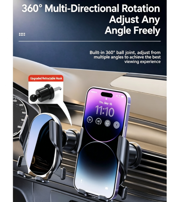 Car Phone Mount: Telescoping Air Vent Hook, 360° Rotation, Gravity-Activated Clamp, Non-Slip and Stable