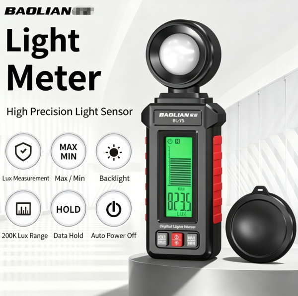 Industrial-Grade Digital Light Meter – 0–200,000 Lux Wide-Range Illuminance Tester with Data Hold, Max/Min, Backlight, and Lux/FC Unit Conversion