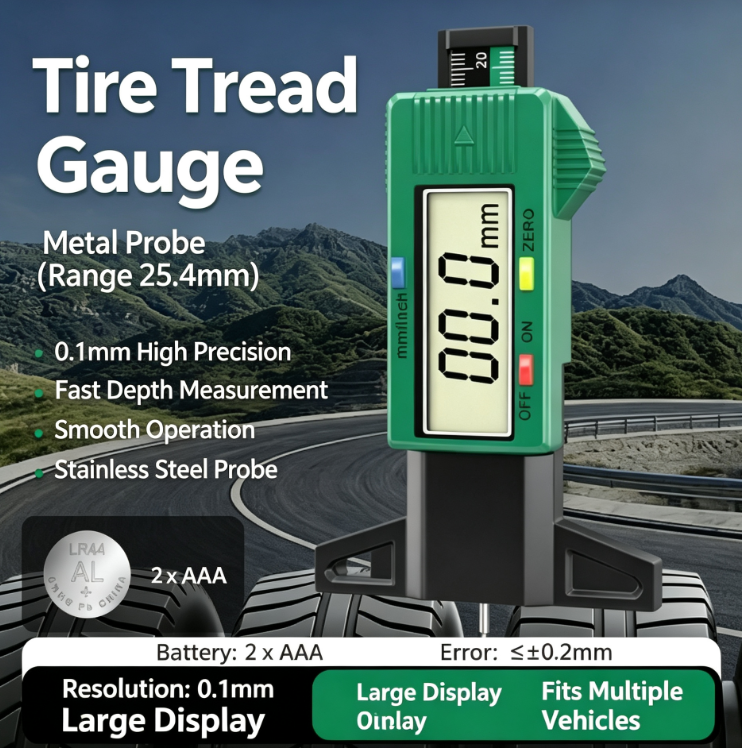 Electronic Digital Tire Tread Depth Gauge Checks tire safety in 3 seconds High-Precision Tread Depth Tester (Accurate to 0.01 mm) | Waterproof and Portable