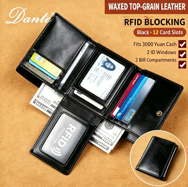 High-End Vintage Oil-Waxed Top-Grain Cowhide Men's Wallet RFID Protection · Tri-Fold, Large Capacity · 12 Card Slots