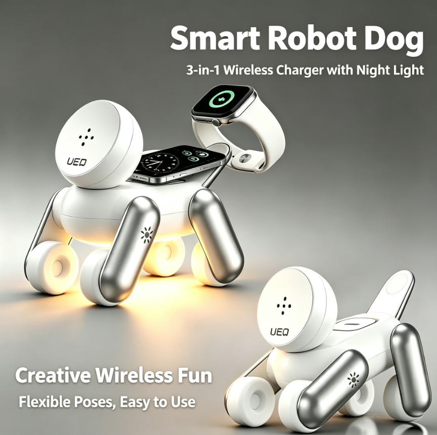 3-in-1 Transforming Robot Dog Magnetic Wireless Charger for iPhone14-17, Apple Watch, and AirPods with Dimmable Night Light