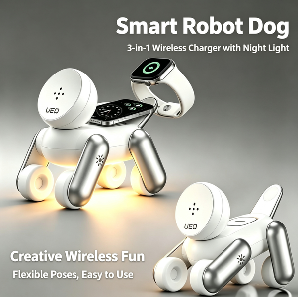 3-in-1 Transforming Robot Dog Magnetic Wireless Charger for iPhone14-17, Apple Watch, and AirPods with Dimmable Night Light
