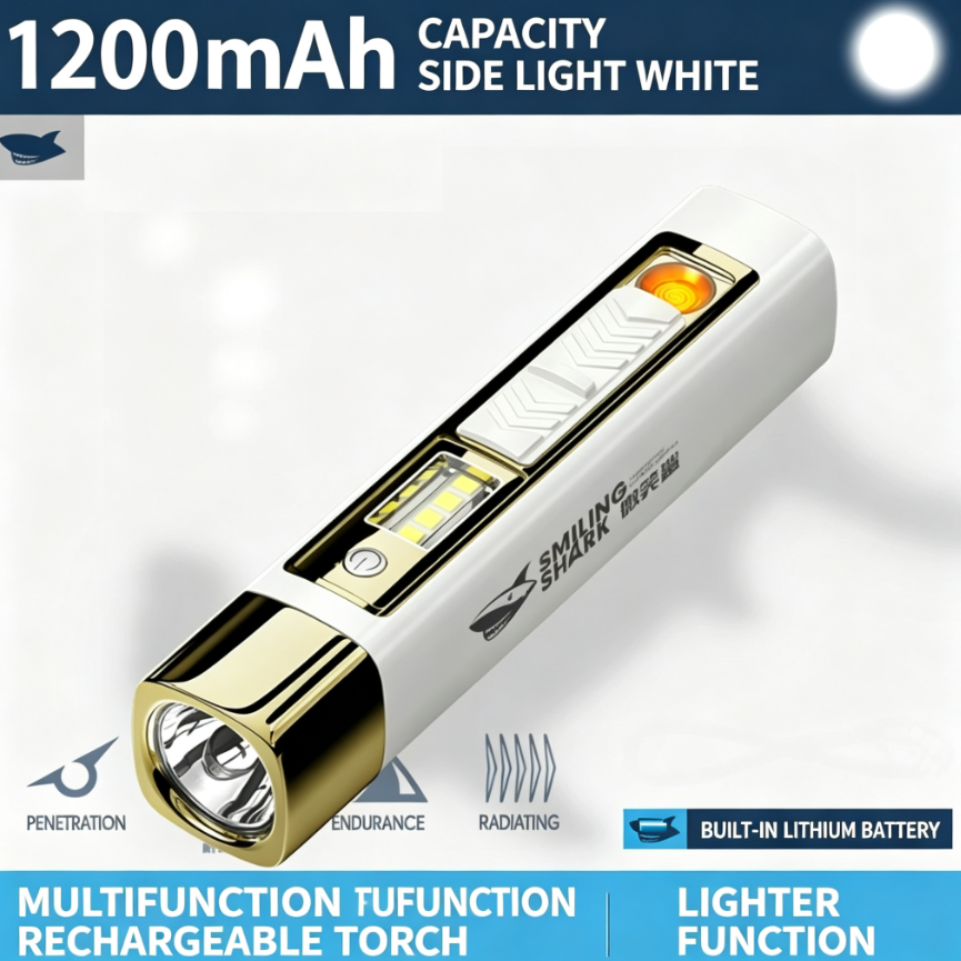 Lightweight, High-Intensity, Multi-Function Flashlight | COB Side Light + Silent Cigarette Lighter + Emergency Power Bank | Splash-Proof | 4-Level Dimming | Type-C Charging
