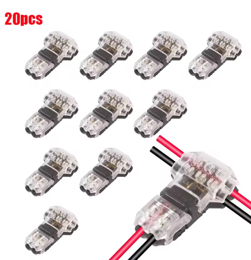 20Pcs 2-Pin T-Type No-Strip Quick-Connect Terminals | No Tools, No Stripping Required | Compatible with 18–24 AWG | The Ultimate Wiring Solution for Automotive, LED Strips, and Smart Home Applications