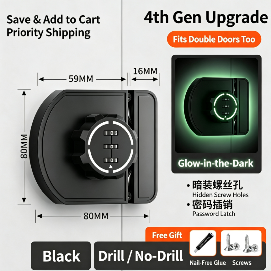 4th-Generation Combination Lock | Drill-Free Lock for Two-Door Cabinets | Zinc Alloy Security Lock | Locks for Shoe Cabinets, Wardrobes, and Kitchen Cabinets