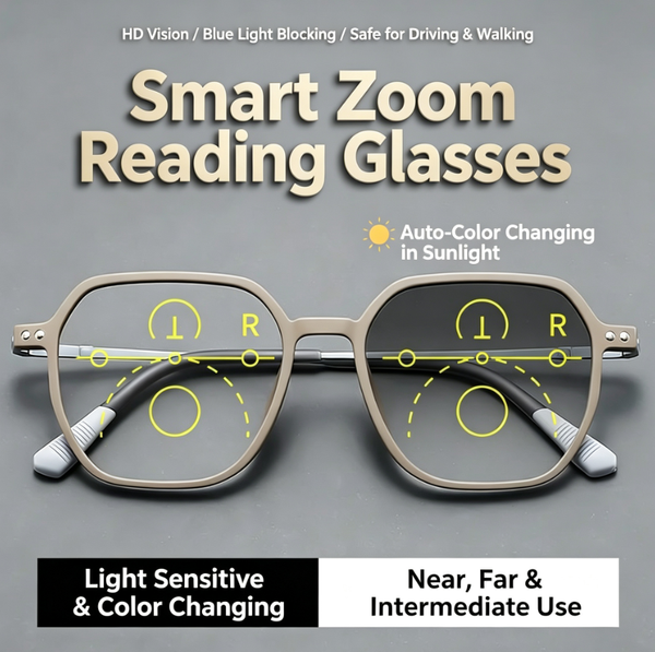 Smart Zoom Progressive Multifocal Reading Glasses | Photochromic + Blue Light Blocking + Internal Progressive Lenses | One pair for both near and far vision—no need to take them on and off while walking or driving