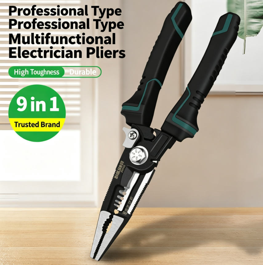 9-in-1 Multifunctional Electrician's Pliers | Integrated Wire Stripper, Wire Cutter, and Crimping Pliers | Forged from Chromium-Vanadium Steel | Universal Tool Specifically Designed for Electricians