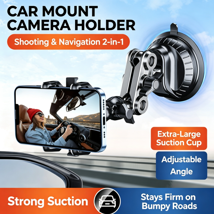 2-in-1 Car Phone Mount for Photography and Navigation—Powerful Suction Cup with Multi-Angle Adjustable Aluminum Alloy Clamp