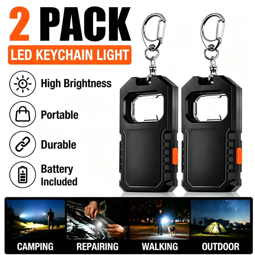 2-Pack LED Keychain Light with Bottle Opener – COB Ultra-Bright, USB-C Rechargeable, Portable EDC Flashlight for Camping, Repairing & Outdoor