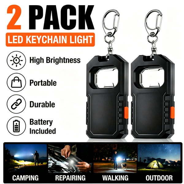 2-Pack LED Keychain Light with Bottle Opener – COB Ultra-Bright, USB-C Rechargeable, Portable EDC Flashlight for Camping, Repairing & Outdoor