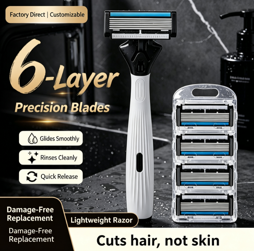 New Men 6 Layer Blades Manual Razor with 4 Replacement Blades