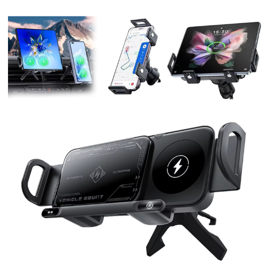 Foldable Phone, Rotating, Electric, Wireless Charging Car Mount for Cell Phones—15W Fast Charging, Automatic Clamping, Designed for Large Screens—Car Vent Mount