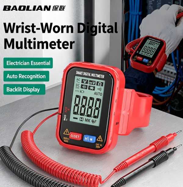 Wrist-Worn Smart Digital Multimeter, Auto-Ranging 300V AC/DC Voltage Tester with Backlight, Data Hold, Type-C Rechargeable, Resistance & Continuity Tester for Electricians, Home DIY, Automotive