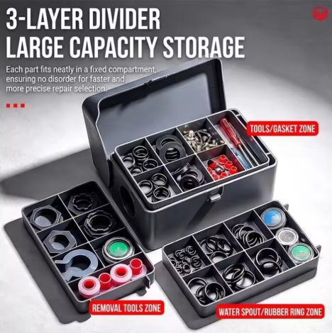 3-Tier Storage Tool Box for Home Plumbing and Electrical Repairs in Kitchens and Bathrooms | Includes 28mm/24mm Faucet Wrenches | Hot and Cold Faucet Disassembly Set | Full Range of 22×2.8/20×2.8/18×2.6 O-Rings | Anti-Slip Retaining Clips