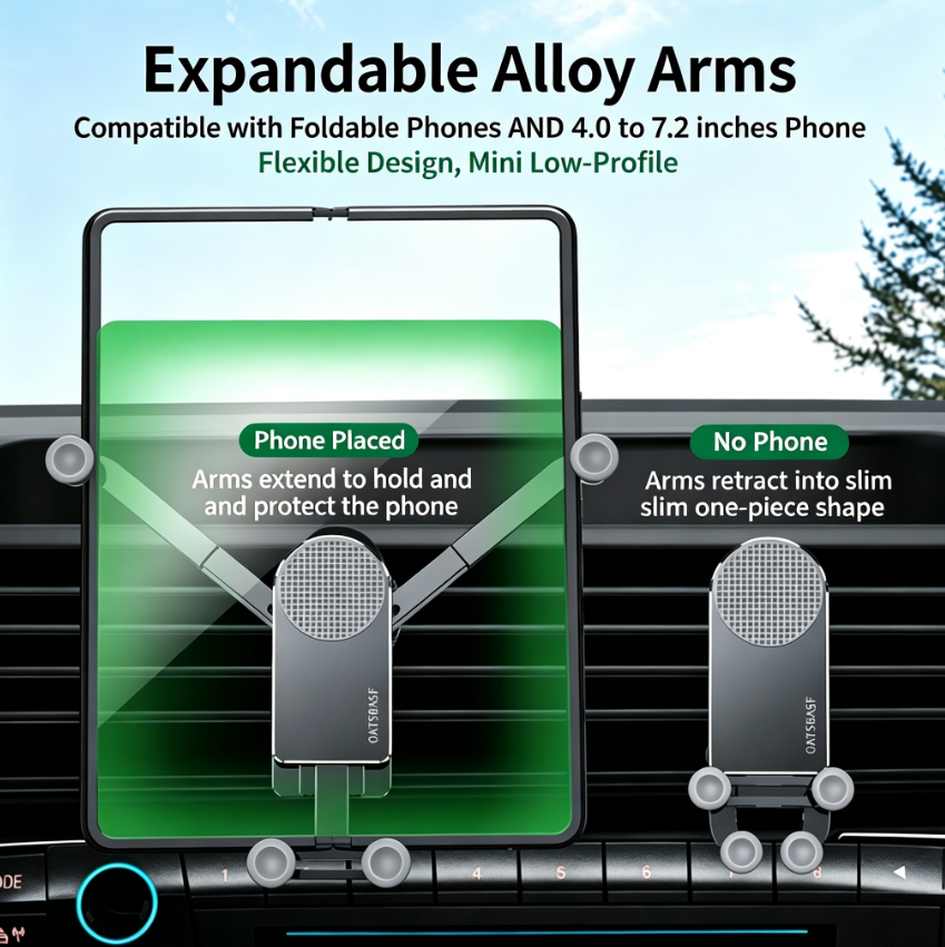 Gravity-Activated Self-Locking Car Vent Mount | 360° Universal Rotation | Aircraft-Grade Alloy | Compatible with foldable phones and all smartphones with screen sizes ranging from 4.0 to 7.2 inches
