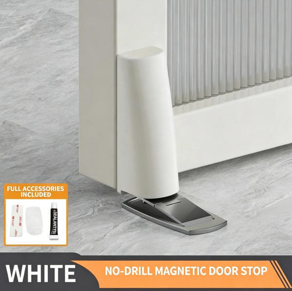 Drill-Free, Ultra-Thin Magnetic Door Stopper – Strong Magnetic Hold · Invisible and Wall-Friendly · Silent and Impact-Resistant · Available in Three Colors