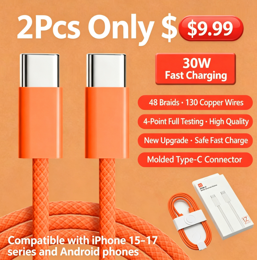 2Pcs iPhone 15/16/17 30W USB-C Braided Fast-Charging Cable—Compatible with iPhone and Android Devices, Nylon-Braided for Durability, Smart Chip for Safe and Fast Charging