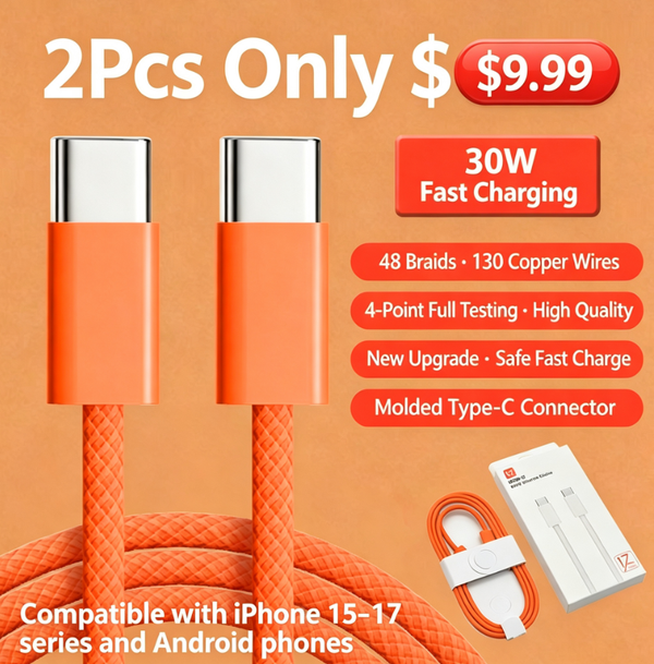 2Pcs iPhone 15/16/17 30W USB-C Braided Fast-Charging Cable—Compatible with iPhone and Android Devices, Nylon-Braided for Durability, Smart Chip for Safe and Fast Charging