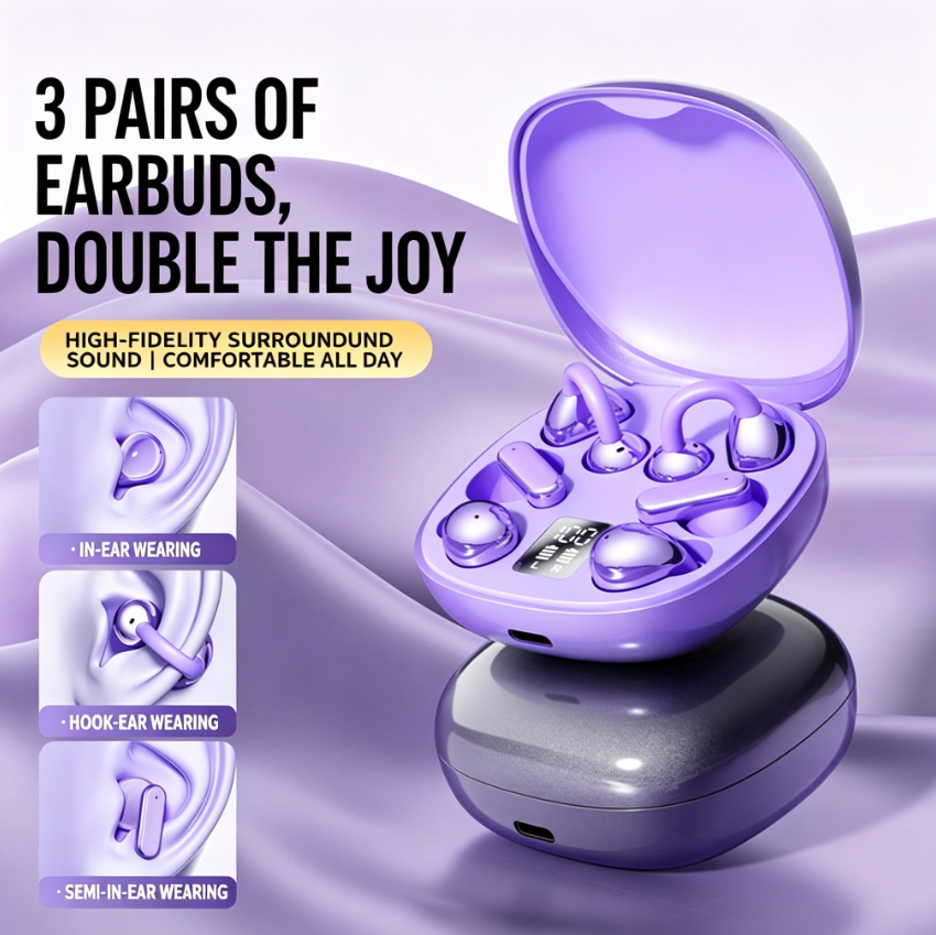 3-in-1 Bluetooth Earbuds | 6 Pcs In-Ear + Clip-On + Semi-In-Ear | 48H Long Battery Life LED Display | Bluetooth 6.0 Stable Chip | Hi-Fi Stereo Sound for Sports Sleep Commute