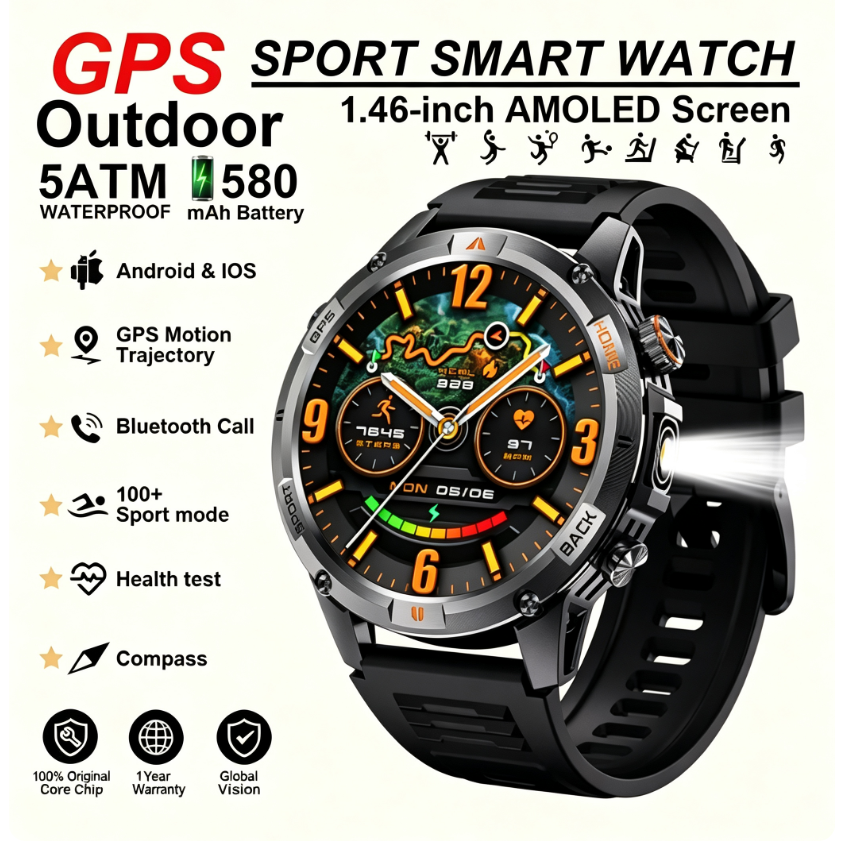 Military-Grade Health Tracking GPS Smart Watch with Compass, Flashlight, Bluetooth Calling, 580mAh Battery, 5ATM Water Resistance, Sport Strap, and 1.46-inch AMOLED Screen