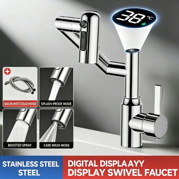 Smart Digital-Display Swivel Faucet with 2Pcs 60 cm Hot and Cold Water Inlet Hoses | 1080° Free Rotation + Hydraulic Temperature Control | 304 Stainless Steel, Hot and Cold Water Compatible