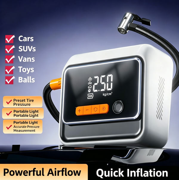 Mini Wireless+Wire Car Tire Inflator with Power Bank, Dual-Screen Digital Display, Type-C Charging & 5 Inflation Modes – Portable Air Compressor for Car, SUV, Motorcycle, Bike & Ball