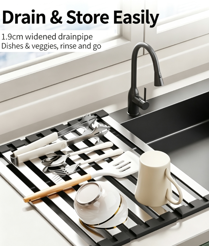 35–50 cm Foldable 304 Stainless Steel Dish Rack | Kitchen Sink Dish Storage Rack | Quick-Drying, Rust-Resistant, and Heat-Resistant