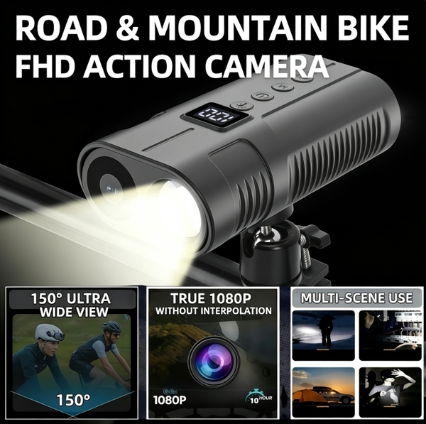 3-in-1 Bicycle Front Light Camera: 1080P HD Cycling Action Camera with 150° Wide Angle, 5000mAh Battery (10 Hours of Recording), Power Bank, and 3-Level LED Flashlight for Mountain/Road Bikes
