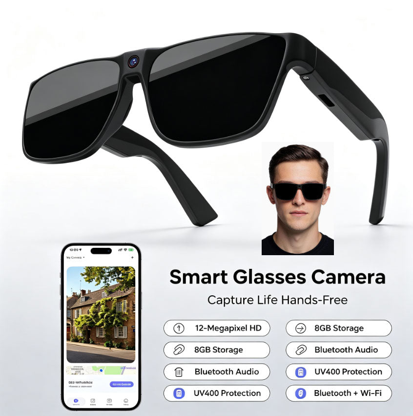 12-Megapixel HD 3-in-1 Smart Sunglasses| 8GB Storage | Bluetooth Audio | UV400 Protection | Bluetooth + Wi-Fi Connectivity Perfect for vlogging, cycling, and outdoor adventures