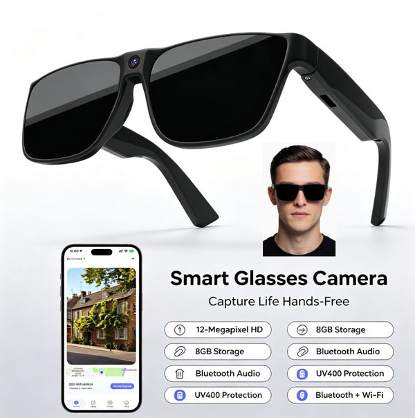12-Megapixel HD 3-in-1 Smart Sunglasses| 8GB Storage | Bluetooth Audio | UV400 Protection | Bluetooth + Wi-Fi Connectivity Perfect for vlogging, cycling, and outdoor adventures