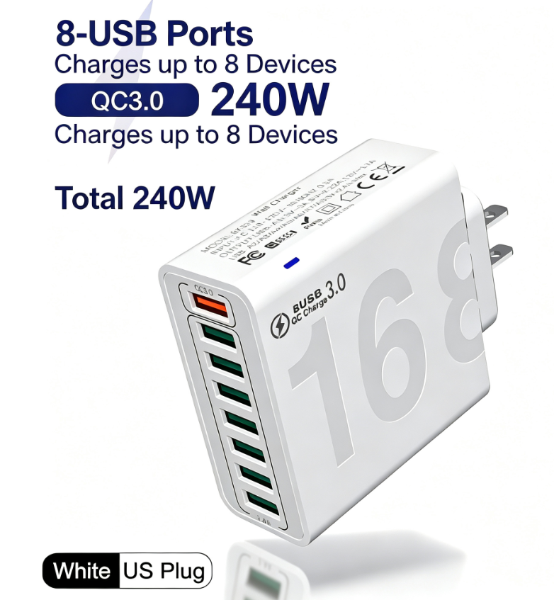 240W 8-Port USB Desktop Charging Station | QC 3.0 Fast Charging, Compatible with iPhone 17/16/15/14, Samsung, Huawei, Xiaomi, iPad, and MacBook | Multi-Device USB Charging Hub