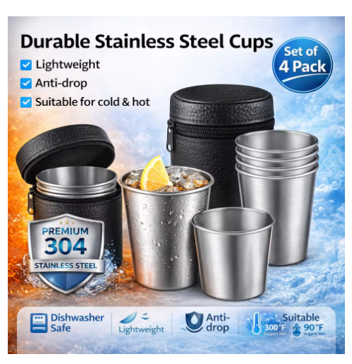 4 Pcs Stainless Steel Cups Stackable Metal Drinking Tumblers with Storage Bag for Camping Travel Outdoor Bar