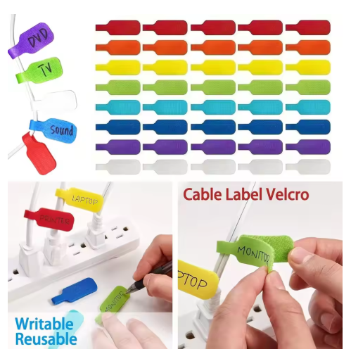 32Pcs Reusable Writeable Colorful Cable Labels – Velcro Cable Management Tags for Electronics, Computer & Office Organization