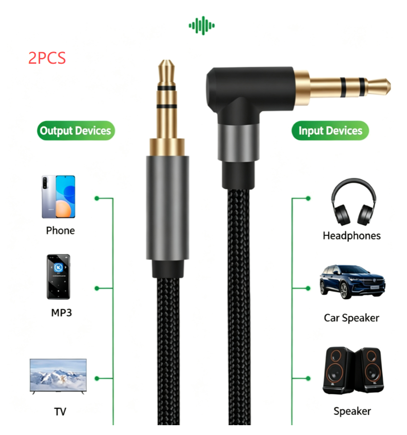 1.5M 3.5mm Right Angle Braided AUX Cable – Gold Plated Male to Male Stereo Audio Cord for Car, Phone, Computer, Speaker – Nylon Braided Hi-Fi Lossless Sound