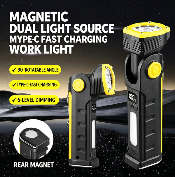 COB LED Folding Flashlight—Portable Magnetic Work Light 6 Dimming Levels + Dual Light Sources + Type-C Fast Charging—A Must-Have for Outdoor Repairs and Camping