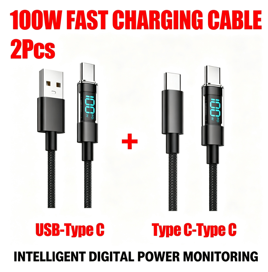100W PD 3.0 Fast Charging USB C Cable with LED Digital Display – Nylon Braided Type C to Type C Charger