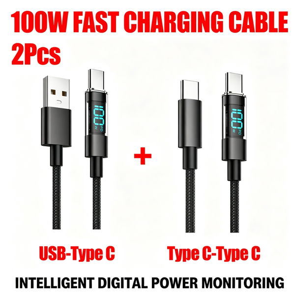100W PD 3.0 Fast Charging USB C Cable with LED Digital Display – Nylon Braided Type C to Type C Charger