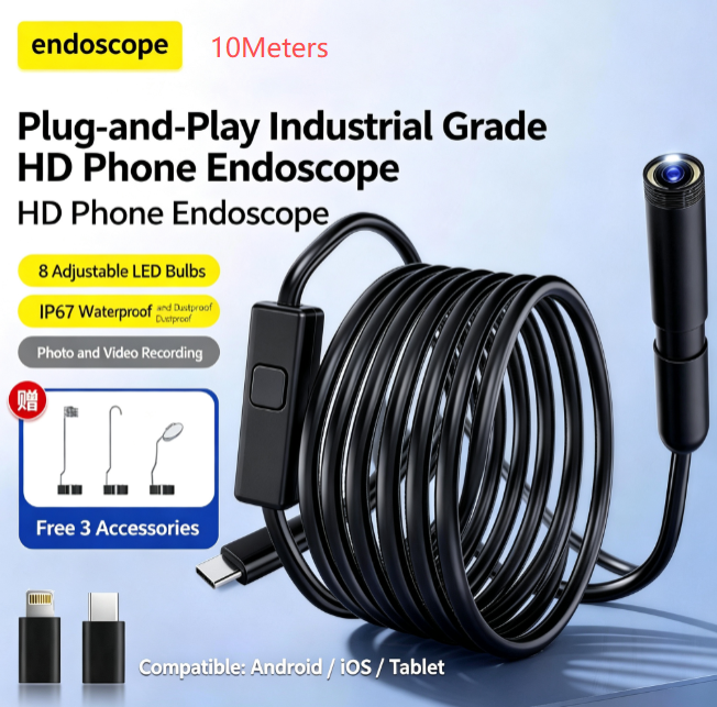10-meter Extra-long Wired Smartphone Endoscope, Compatible with All iPhone and Android, 1920×1440 HD Resolution, IP67 Waterproof and Dustproof, 8 Adjustable LED Lights, Plug-and-play with No Wi-Fi Required