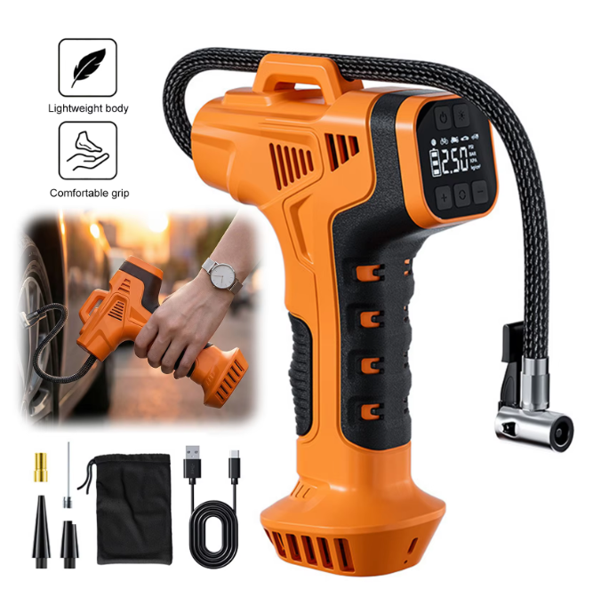 Wireless 150 PSI Portable Car Tire Inflator, Cordless Handheld Air Pump, Automatic Shut-Off at Preset Pressure, High-Definition Digital Display, LED Light, Suitable for Cars, SUVs, Motorcycles, Bicycles, and Sports Balls