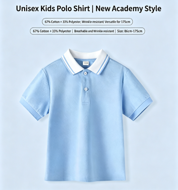 Boys' and Girls' College-Style Short-Sleeve Polo Shirts, 85 cm–175 cm | Breathable Pique Cotton with a Collar | Soft Against the Skin, Wrinkle-Resistant, and Durable